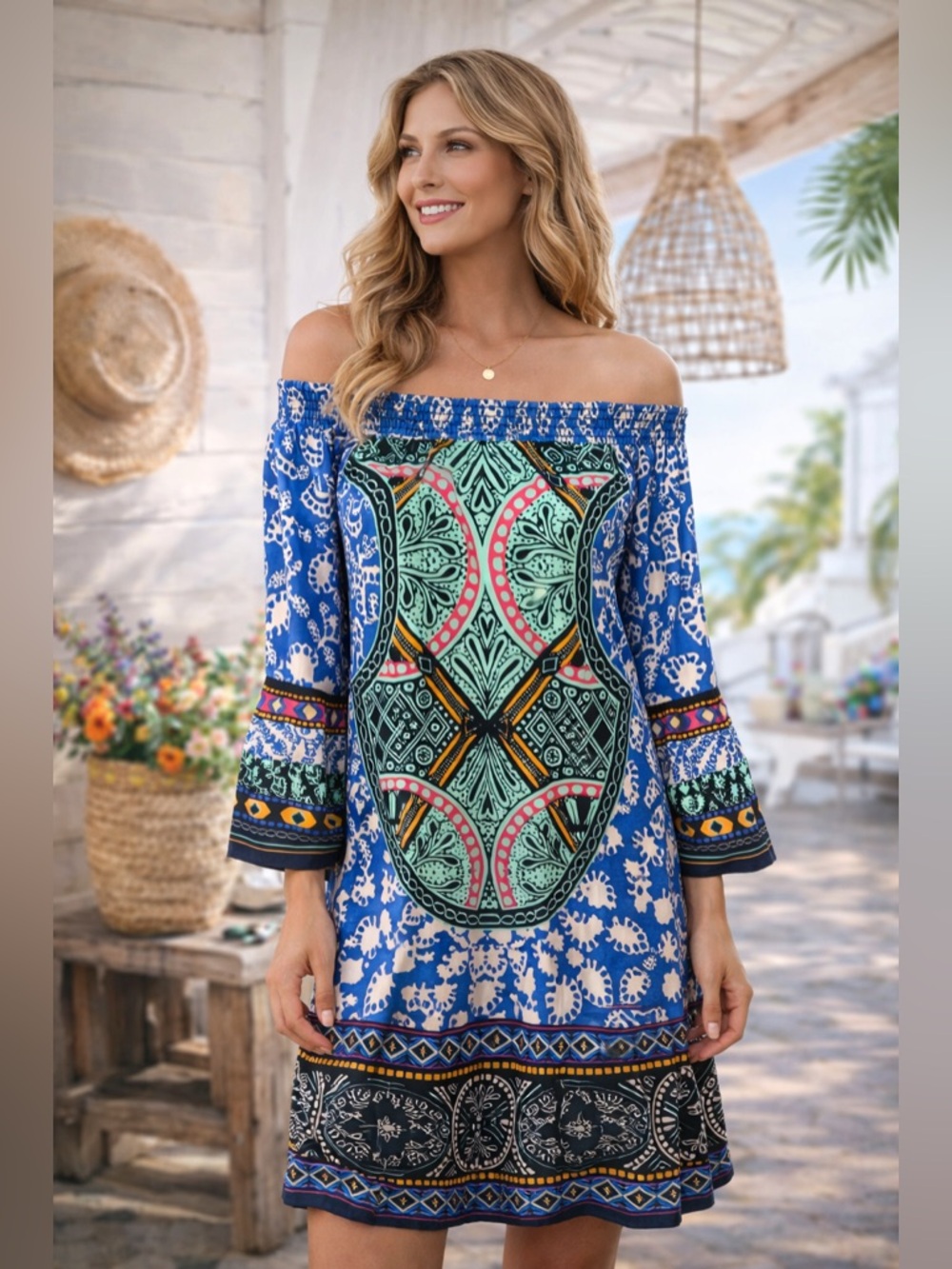 Boho Off Shoulder Shift Dress Small Blue Pink Tribal Print Bell Sleeve Lined - Picture 2 of 15